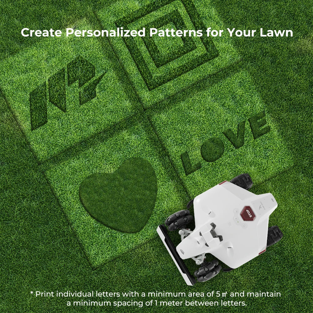 LUBA 2 AWD Perimeter Wire Free Robot Lawn Mower. Lawn printing technology provides rich mowing patterns and custom designs for your lawn